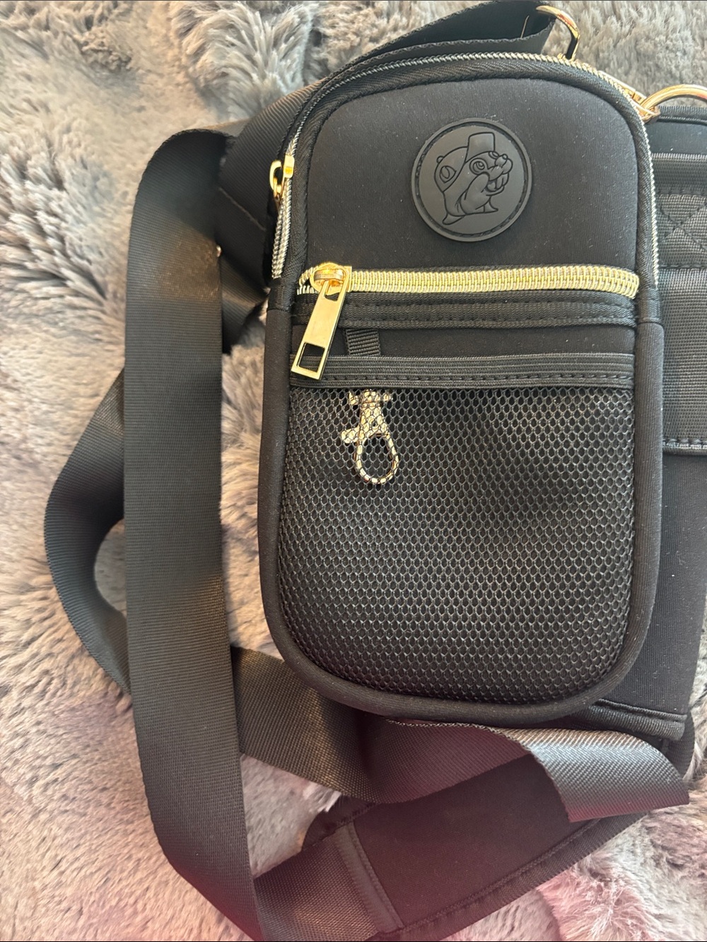 Bucees Black Crossbody Belt Bag with Gold Zippers. Holds cup